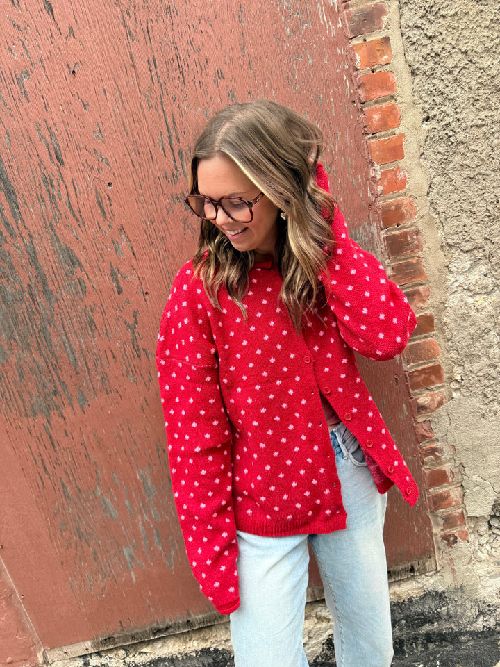 Cozy Dotted Knit Button-Front Cardigan - Red