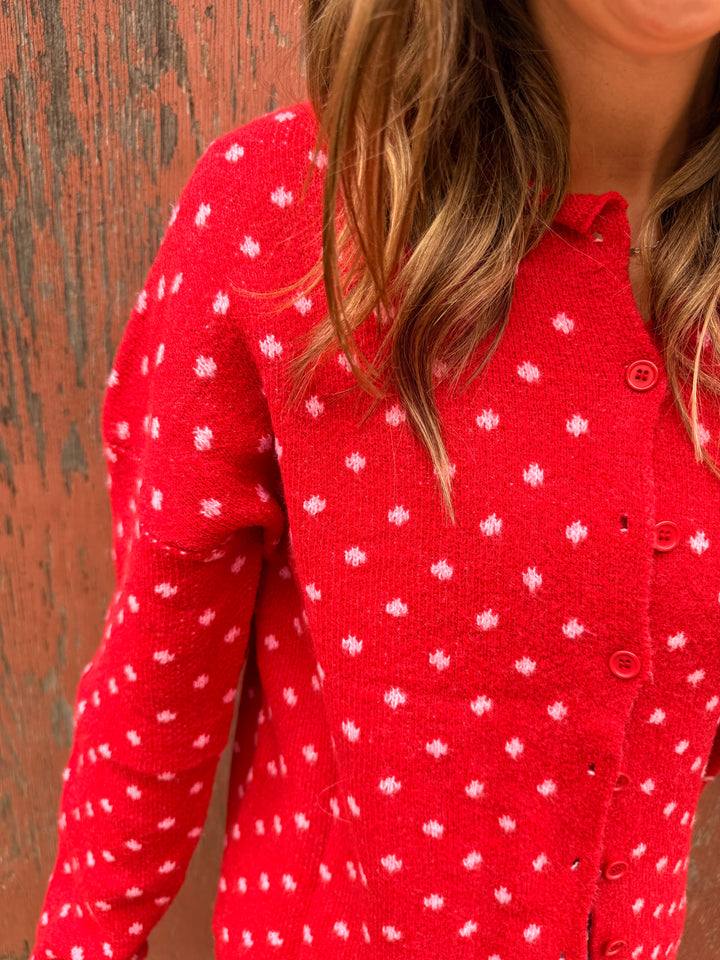 Cozy Dotted Knit Button-Front Cardigan - Red