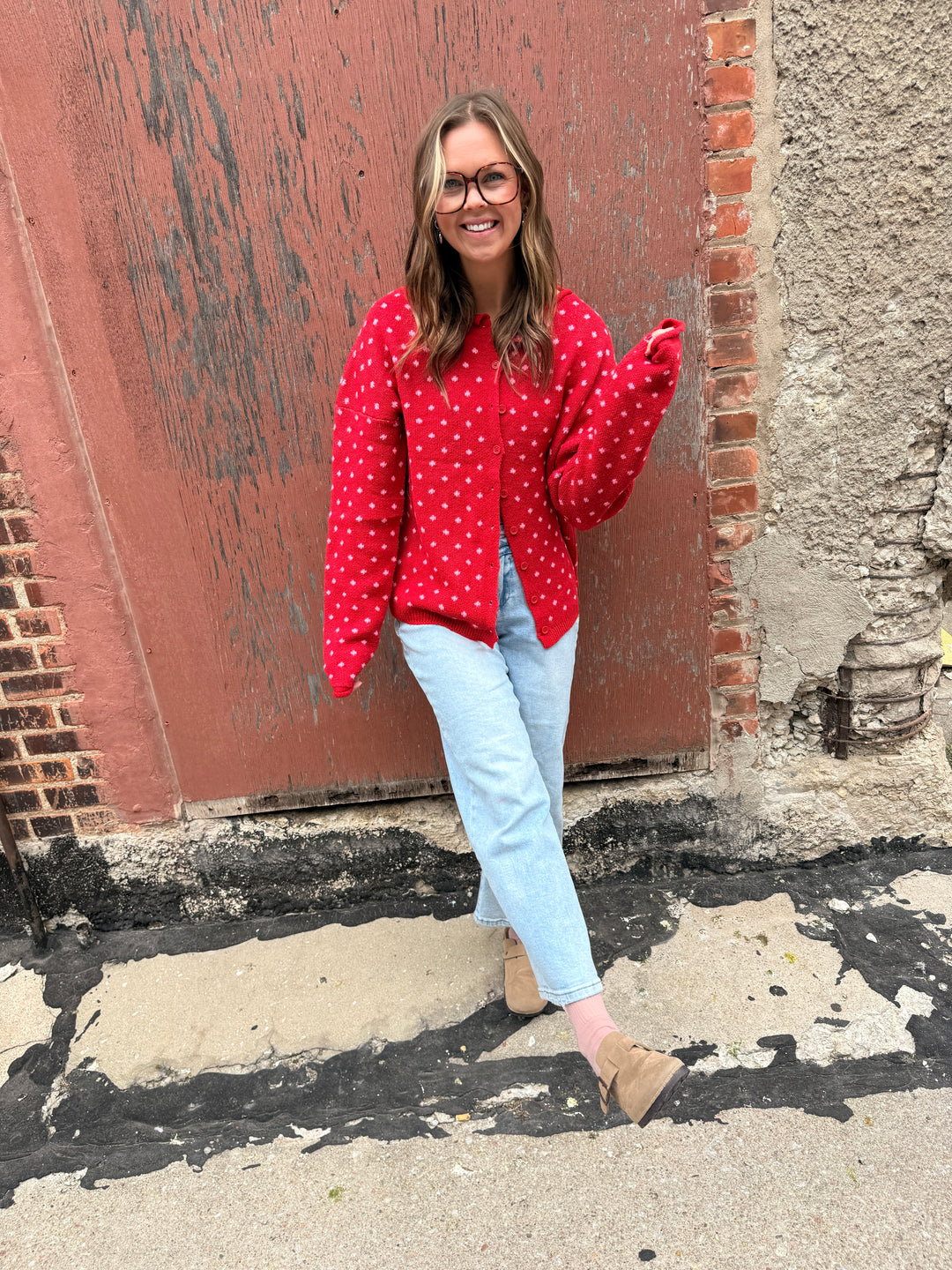 Cozy Dotted Knit Button-Front Cardigan - Red