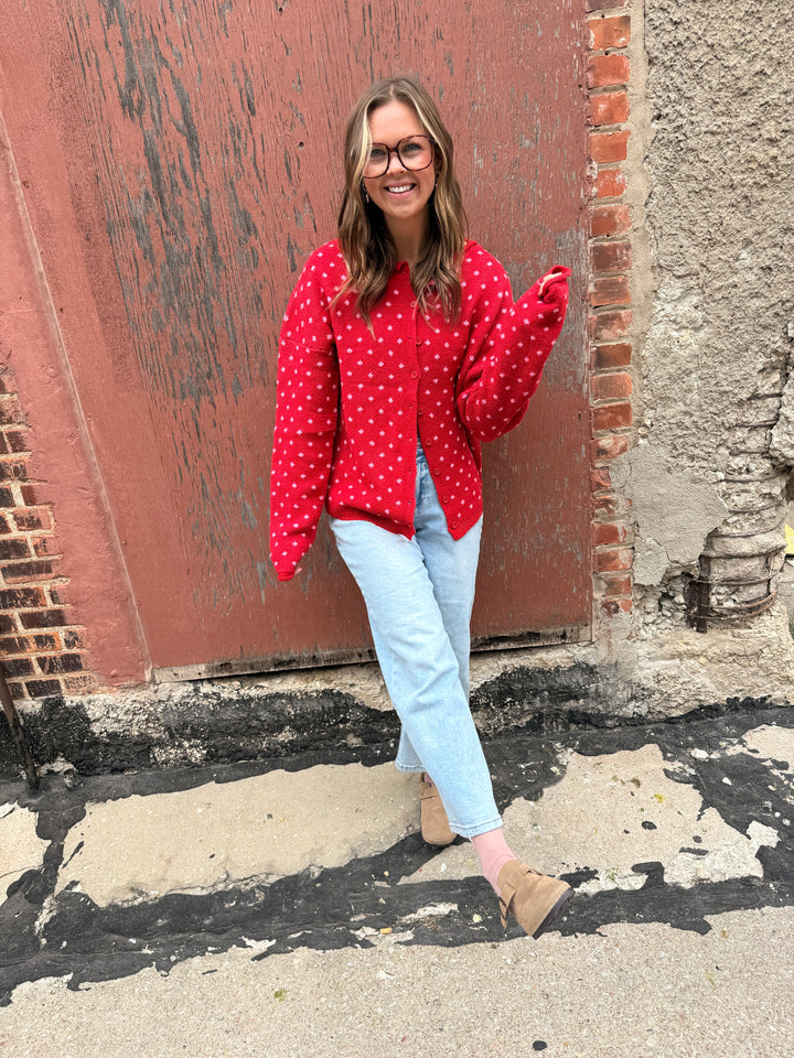 Cozy Dotted Knit Button-Front Cardigan - Red