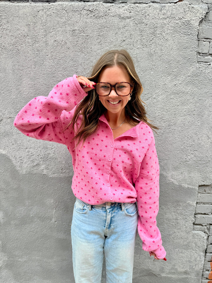 Cozy Dotted Knit Button-Front Cardigan - Pink
