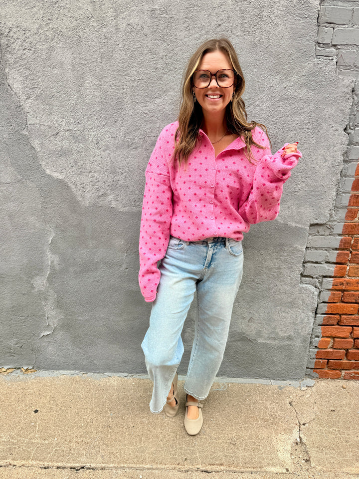 Cozy Dotted Knit Button-Front Cardigan - Pink
