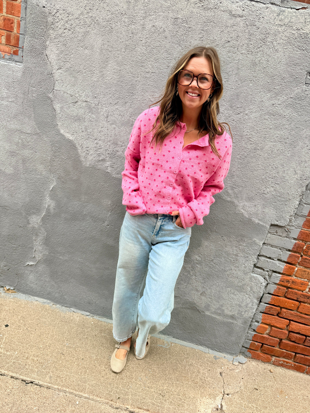 Cozy Dotted Knit Button-Front Cardigan - Pink
