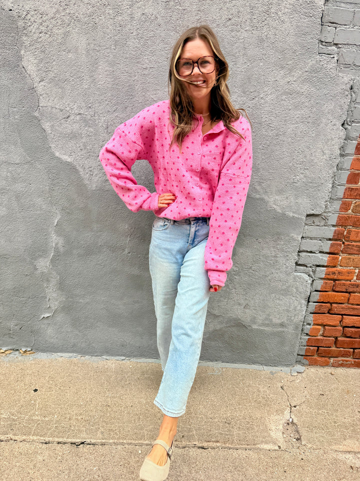 Cozy Dotted Knit Button-Front Cardigan - Pink