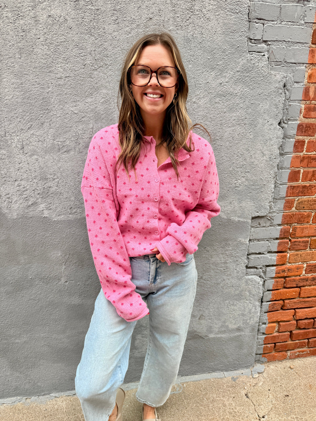Cozy Dotted Knit Button-Front Cardigan - Pink