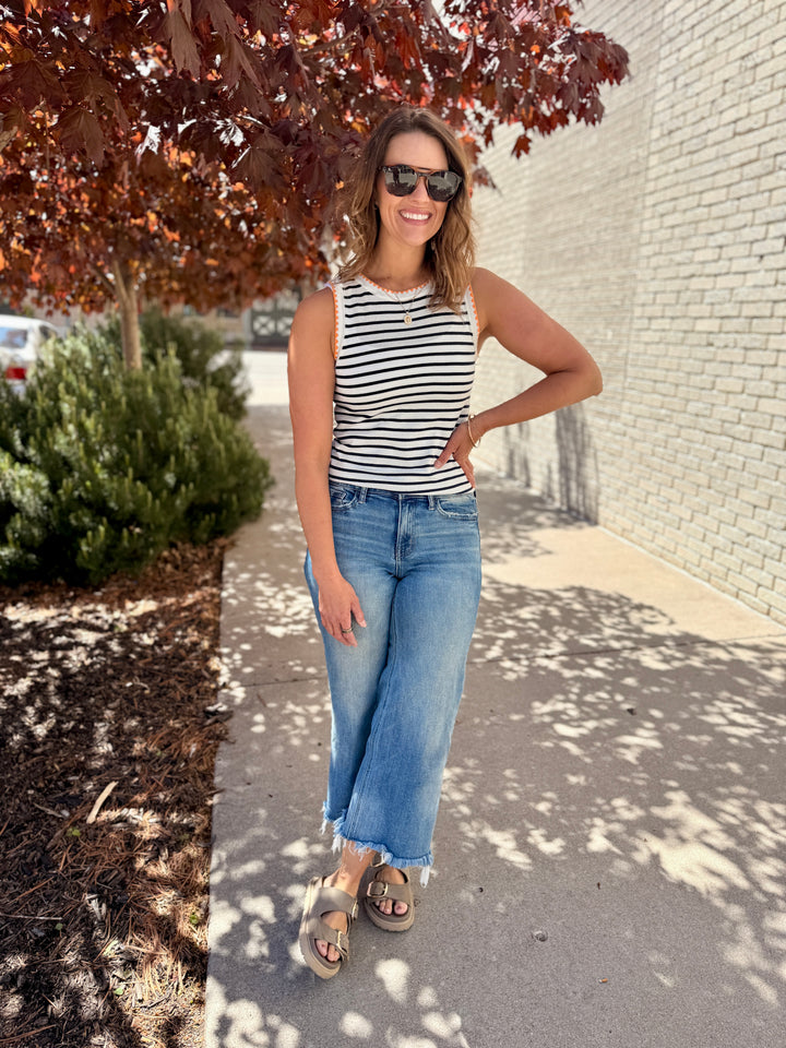The Chloe Scalloped Striped Tank - Navy