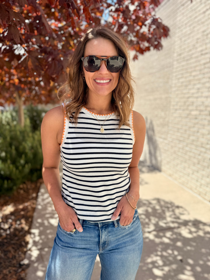 The Chloe Scalloped Striped Tank - Navy