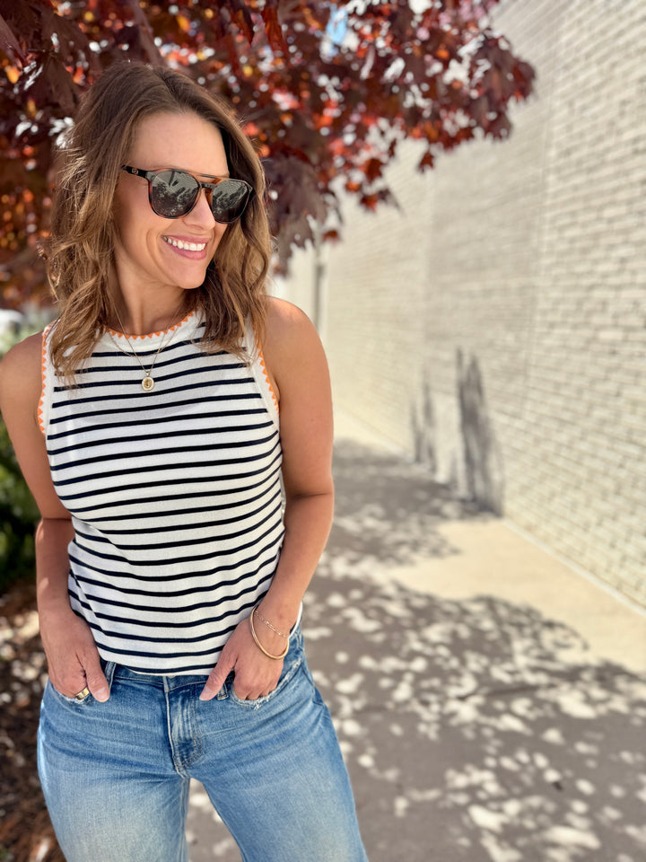 The Chloe Scalloped Striped Tank - Navy