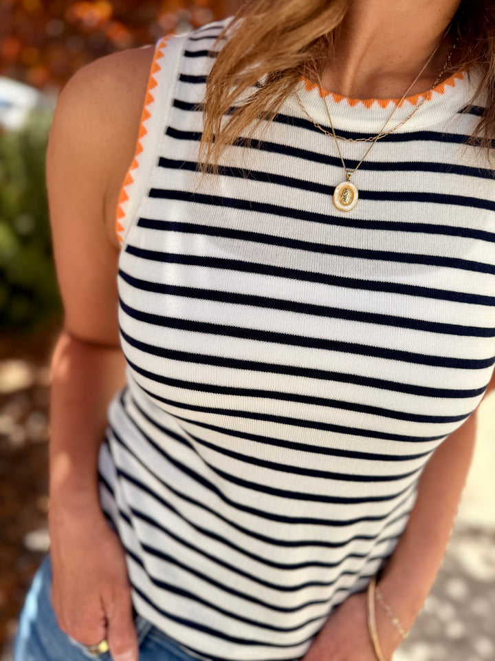 The Chloe Scalloped Striped Tank - Navy