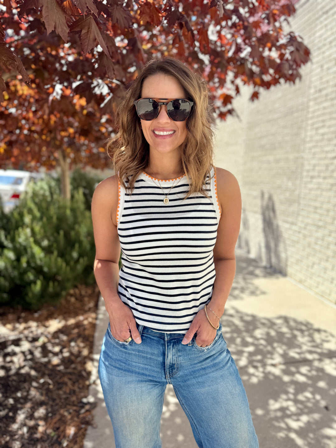 The Chloe Scalloped Striped Tank - Navy