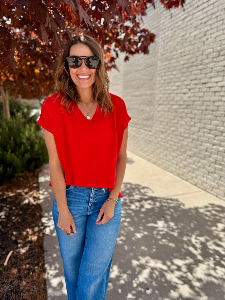 Mia Raw Edge Dolman Top - True Red