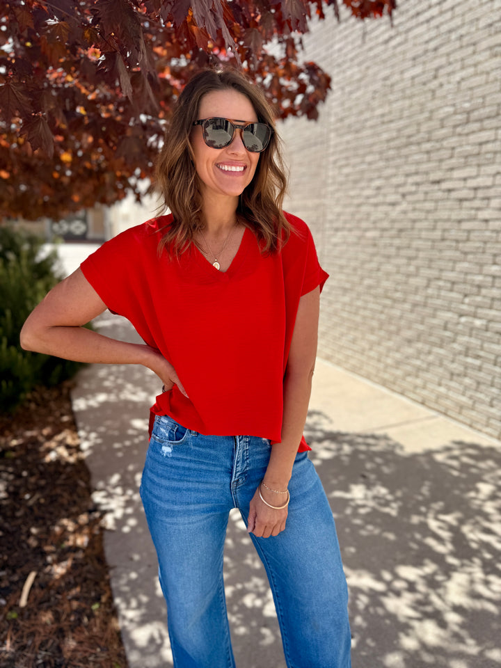 Mia Raw Edge Dolman Top - True Red