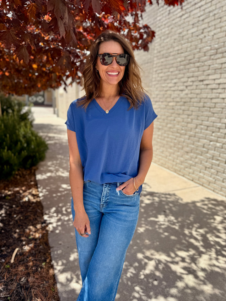 Mia Raw Edge Dolman Top - Denim Blue