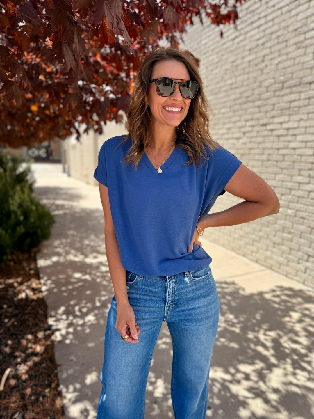Mia Raw Edge Dolman Top - Denim Blue
