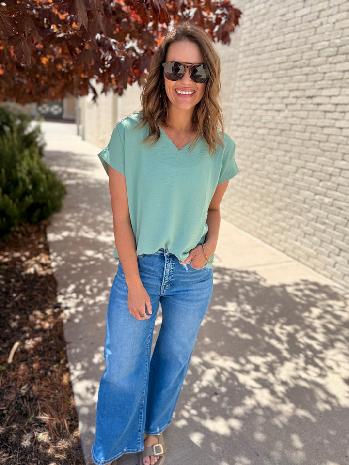 Mia Raw Edge Dolman Top - Apple Jade
