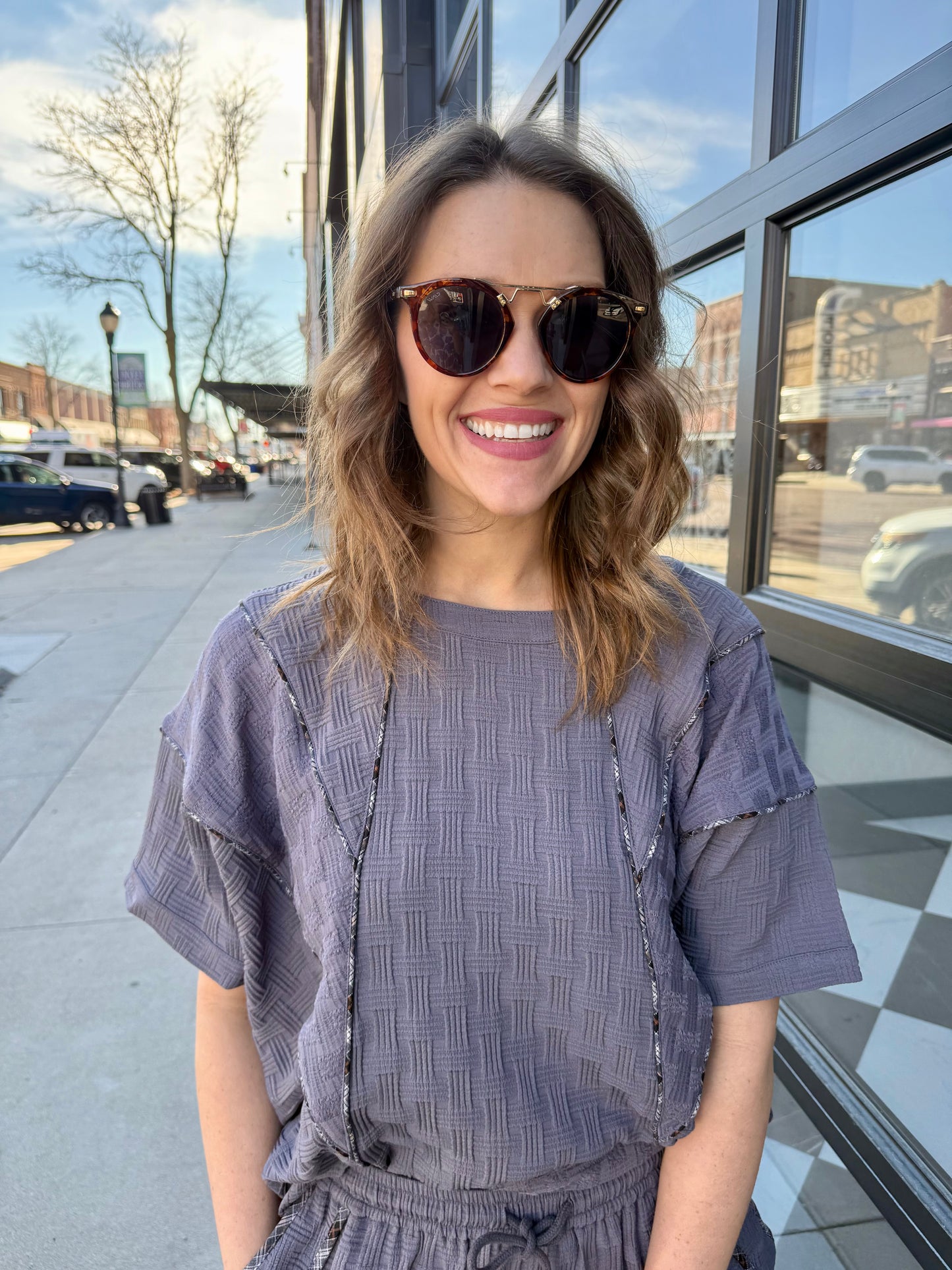 Textured T-Shirt with Contrasting Plaid Binding