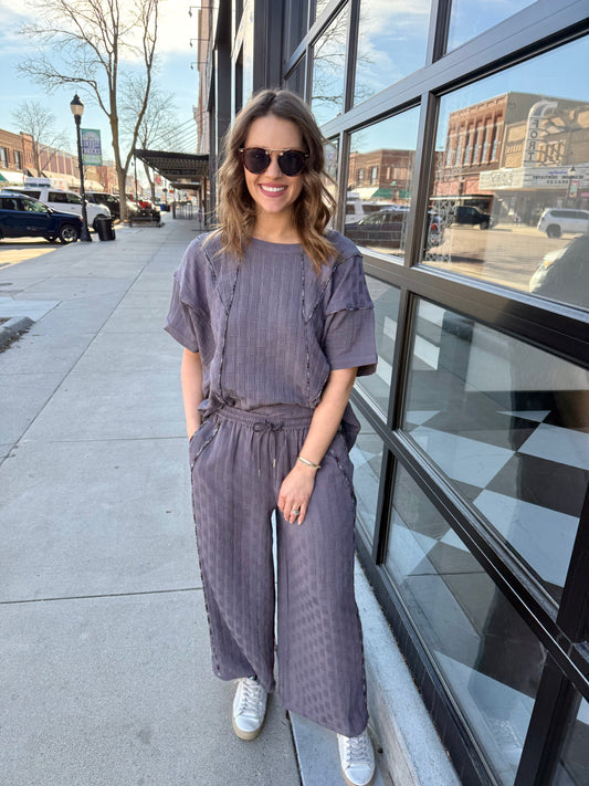 Textured Pants with Contrasting Plaid Binding