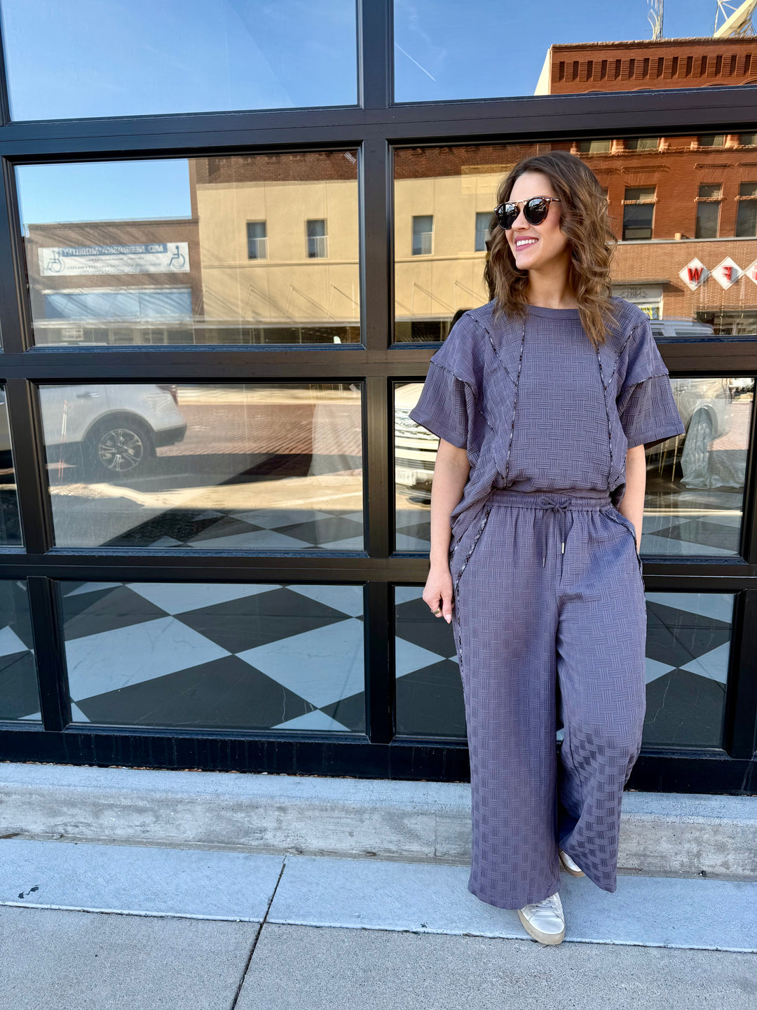 Textured Pants with Contrasting Plaid Binding