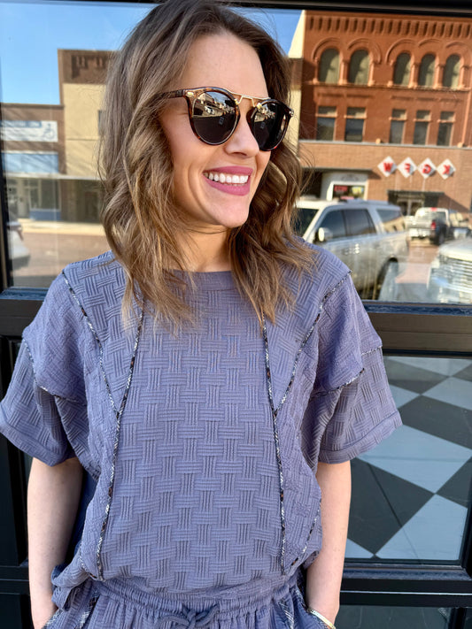 Textured T-Shirt with Contrasting Plaid Binding