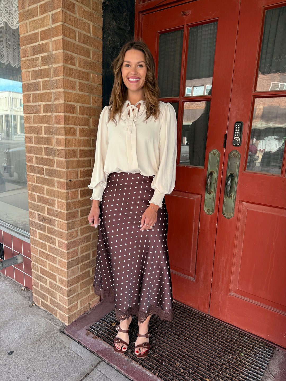 Polka Dot Lace-Trim Satin Midi Skirt - Coffee/White