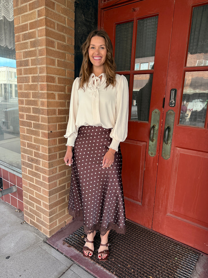 Polka Dot Lace-Trim Satin Midi Skirt - Coffee/White