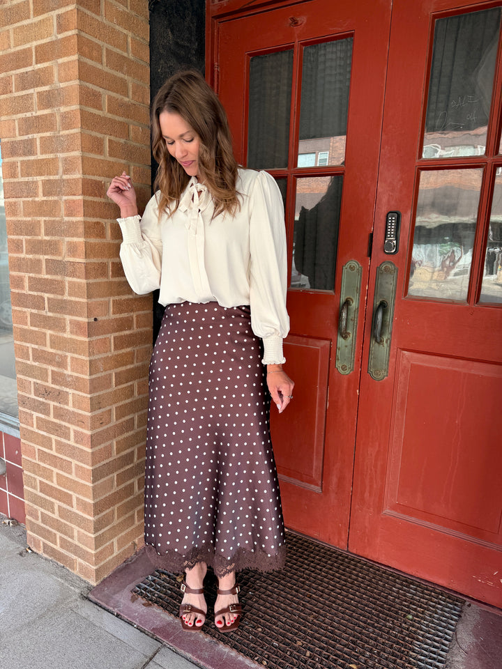 Polka Dot Lace-Trim Satin Midi Skirt - Coffee/White