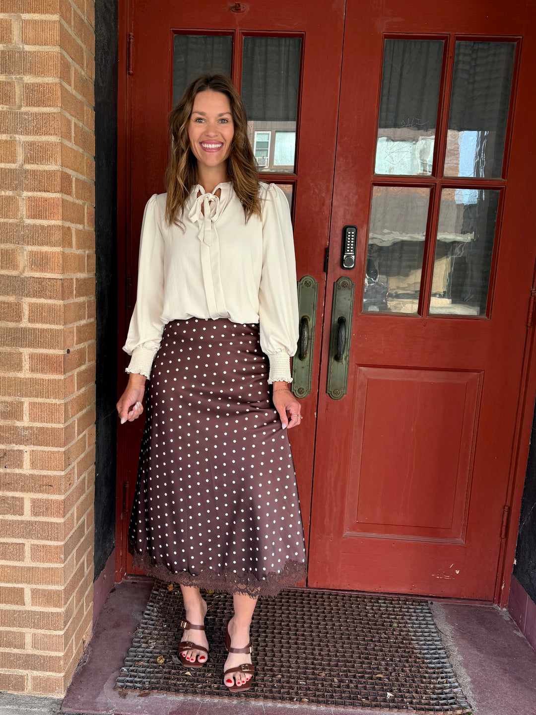 Polka Dot Lace-Trim Satin Midi Skirt - Coffee/White