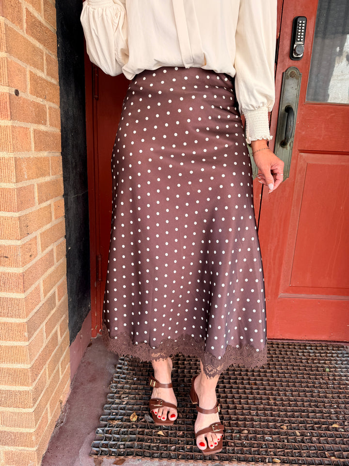 Polka Dot Lace-Trim Satin Midi Skirt - Coffee/White