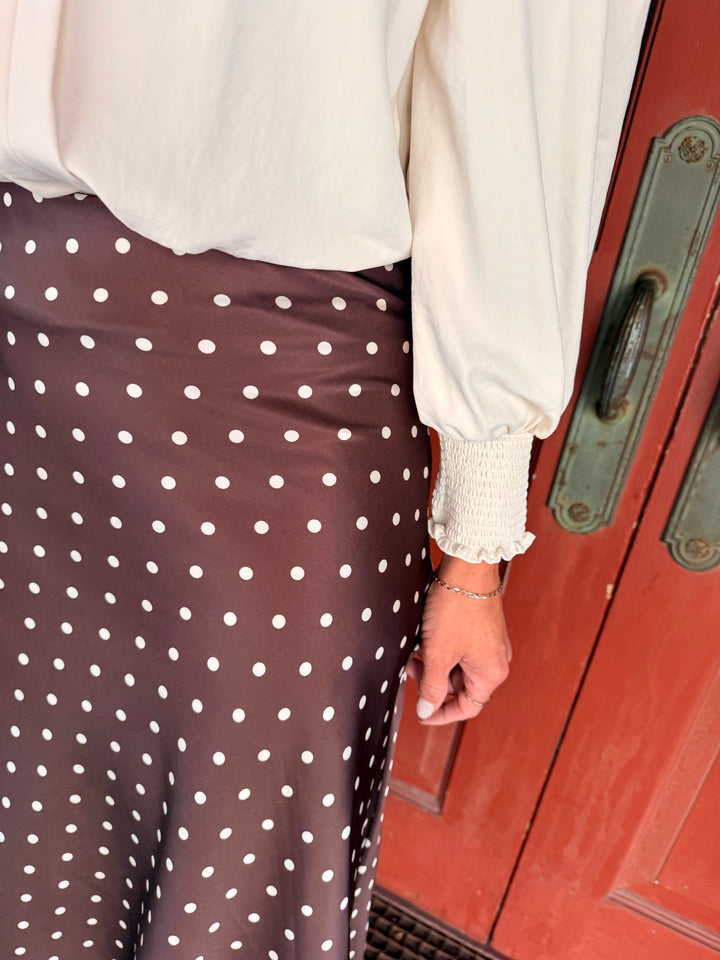 Polka Dot Lace-Trim Satin Midi Skirt - Coffee/White