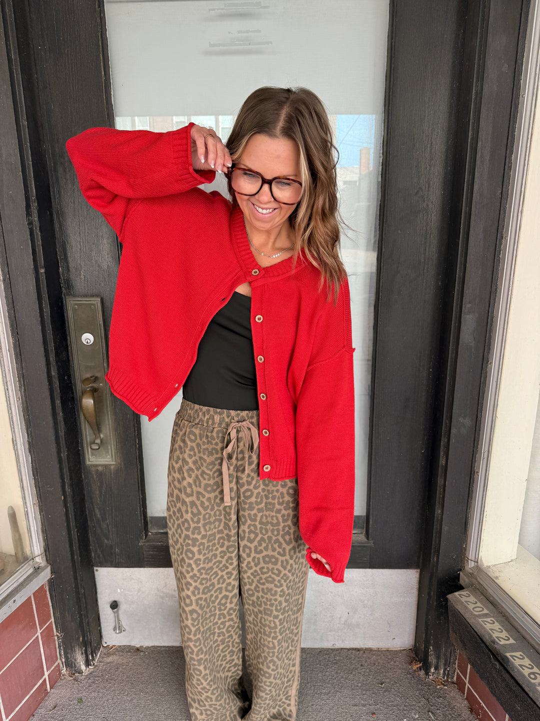 Red Raw Edge Exposed Seam Knit Cardigan