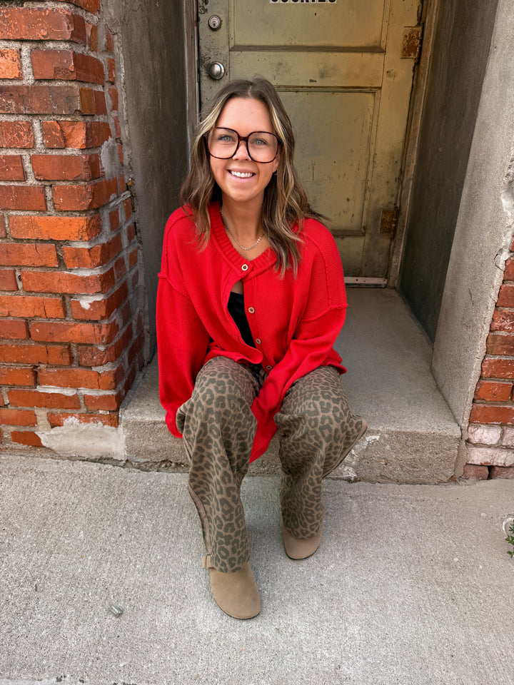 Red Raw Edge Exposed Seam Knit Cardigan