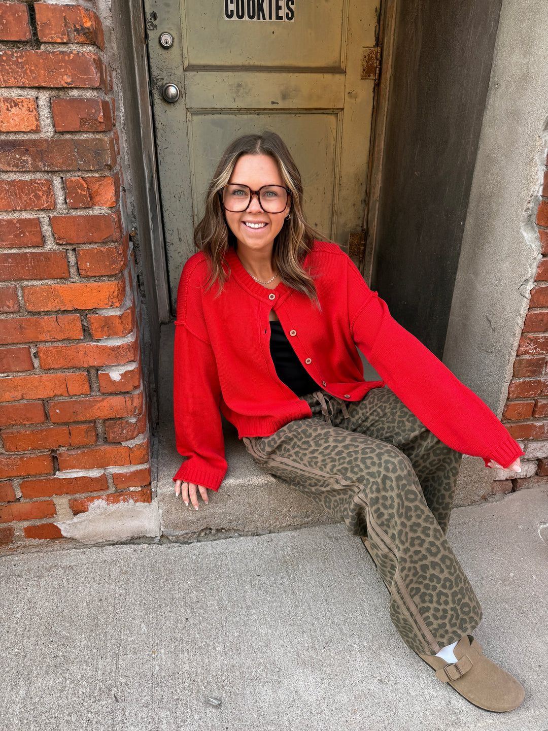 Red Raw Edge Exposed Seam Knit Cardigan