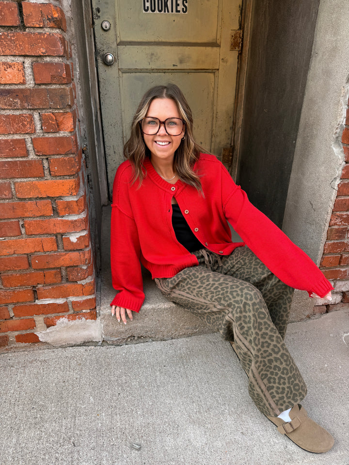 Red Raw Edge Exposed Seam Knit Cardigan