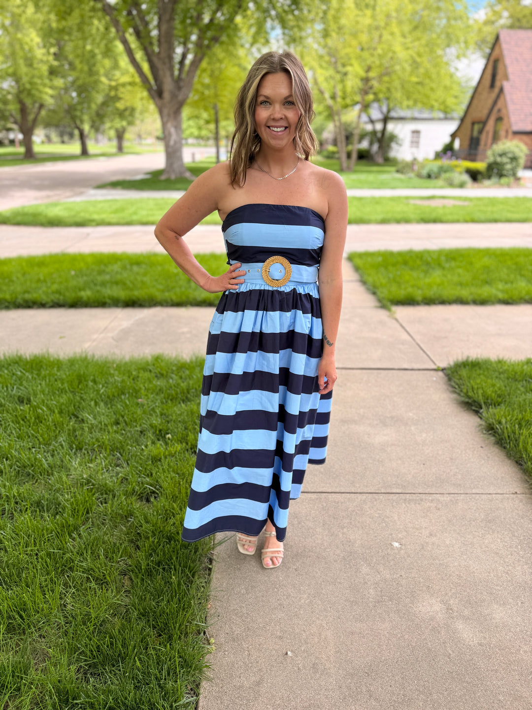 Striped Strapless Midi Dress