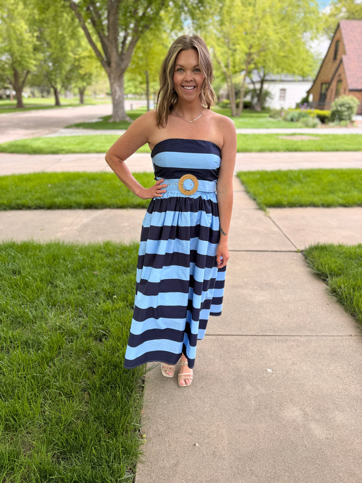 Striped Strapless Midi Dress