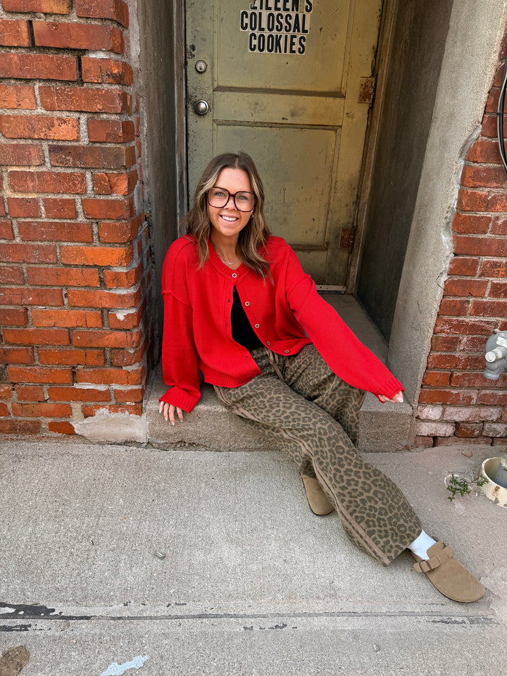 Red Raw Edge Exposed Seam Knit Cardigan