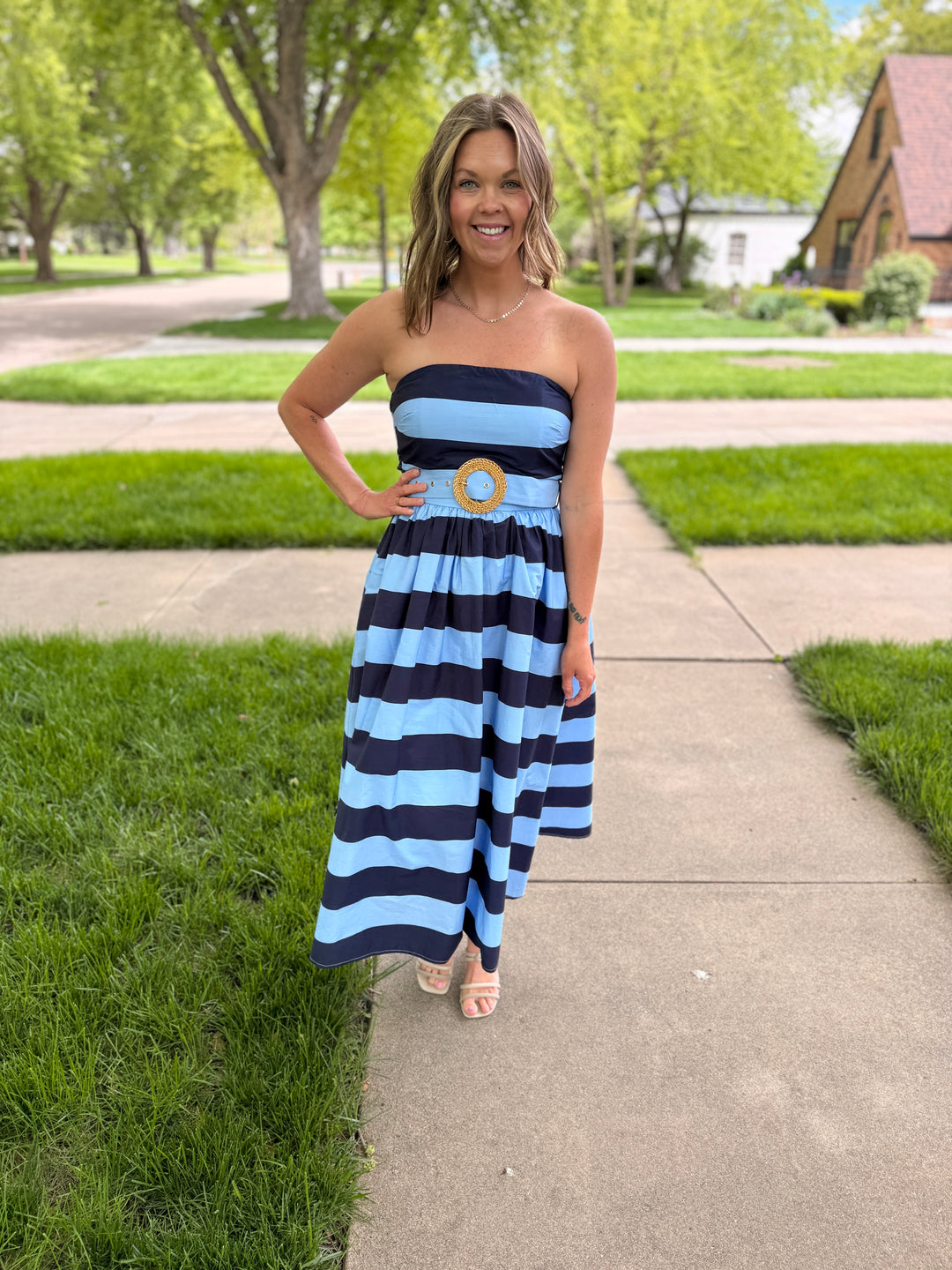 Striped Strapless Midi Dress