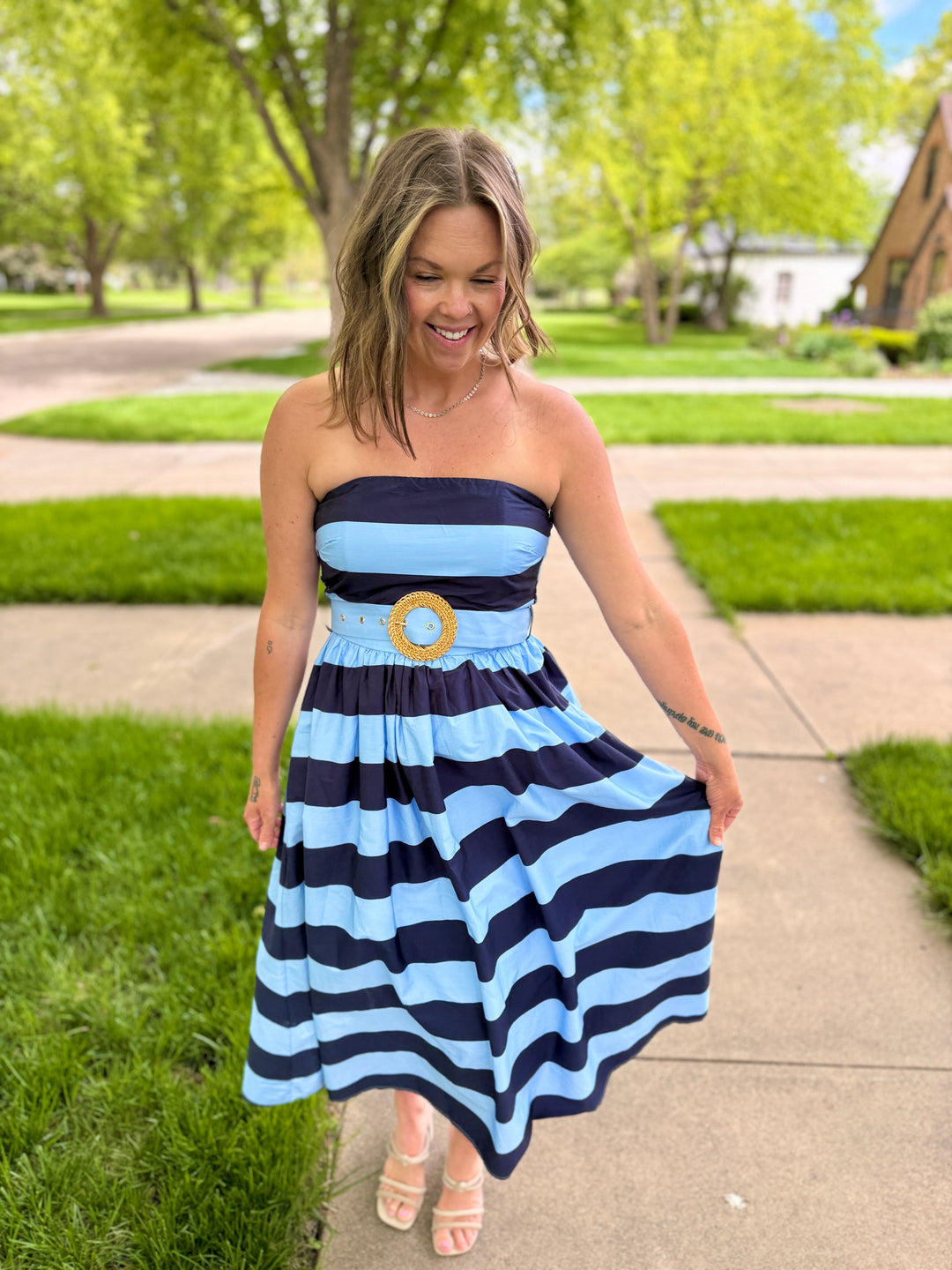 Striped Strapless Midi Dress