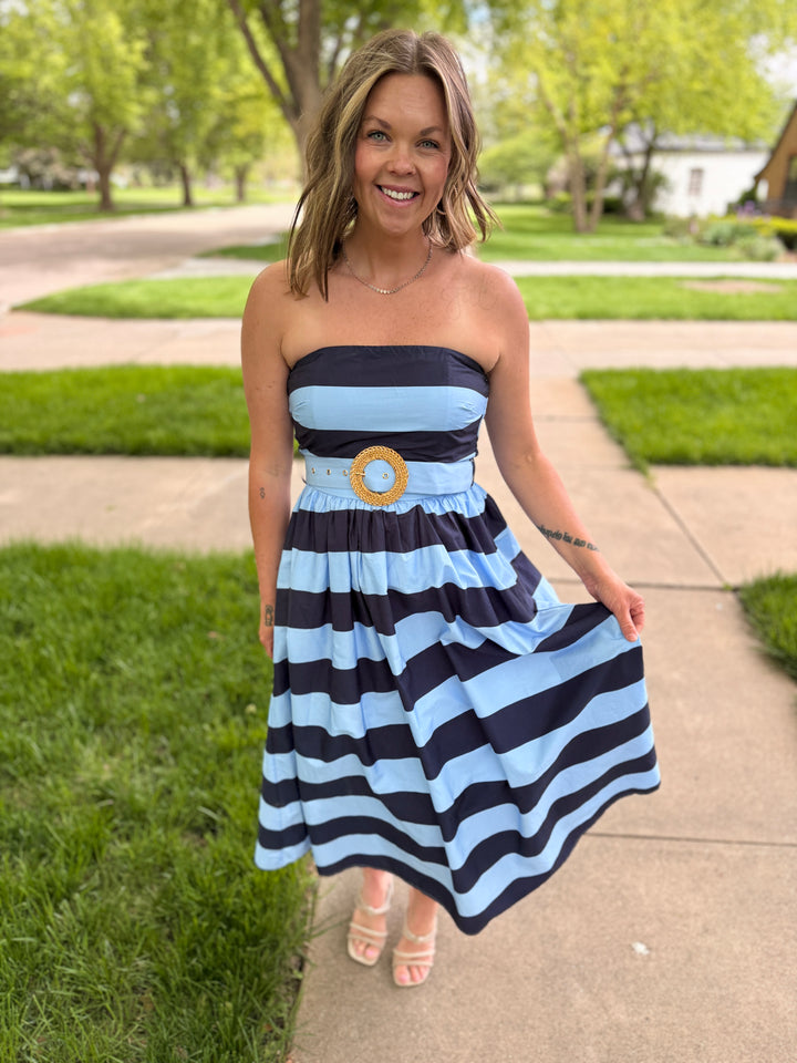 Striped Strapless Midi Dress
