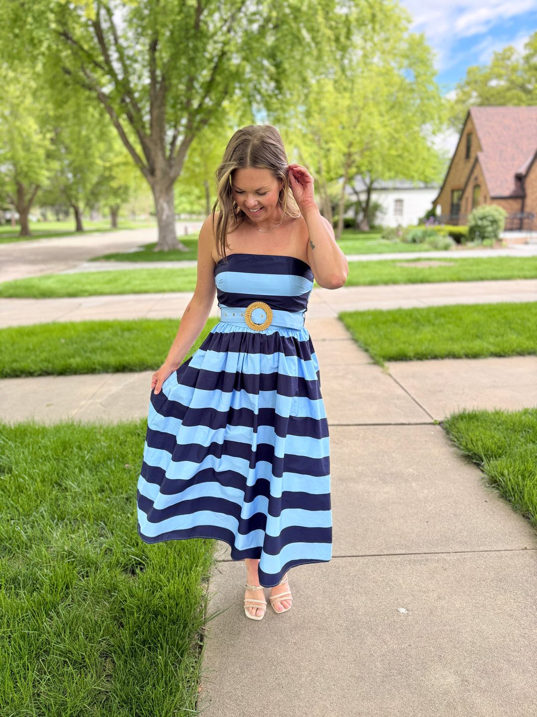 Striped Strapless Midi Dress