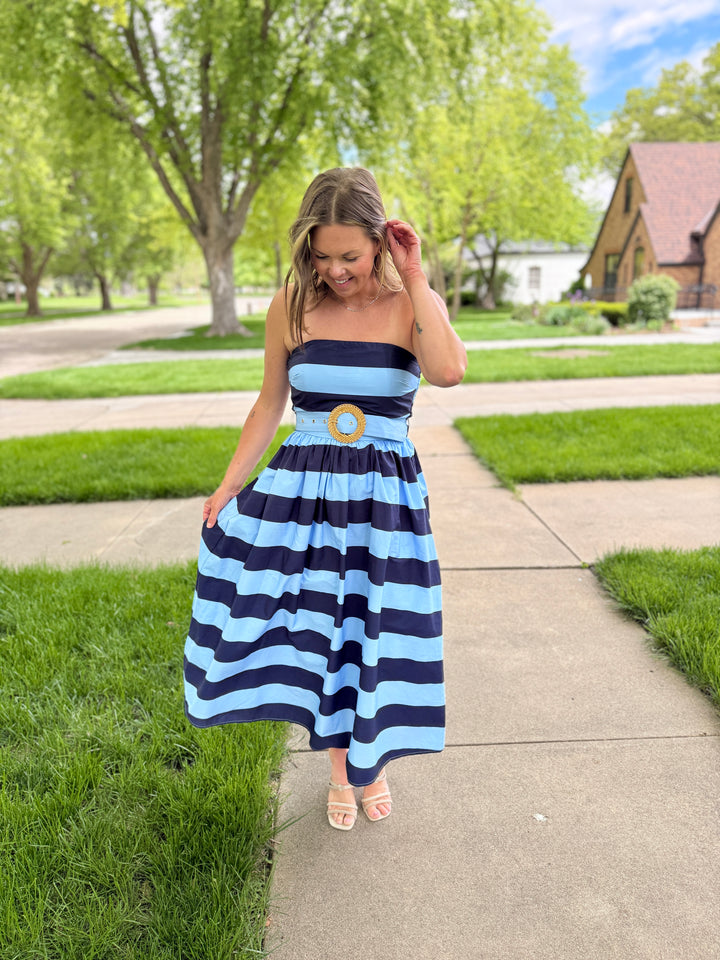 Striped Strapless Midi Dress