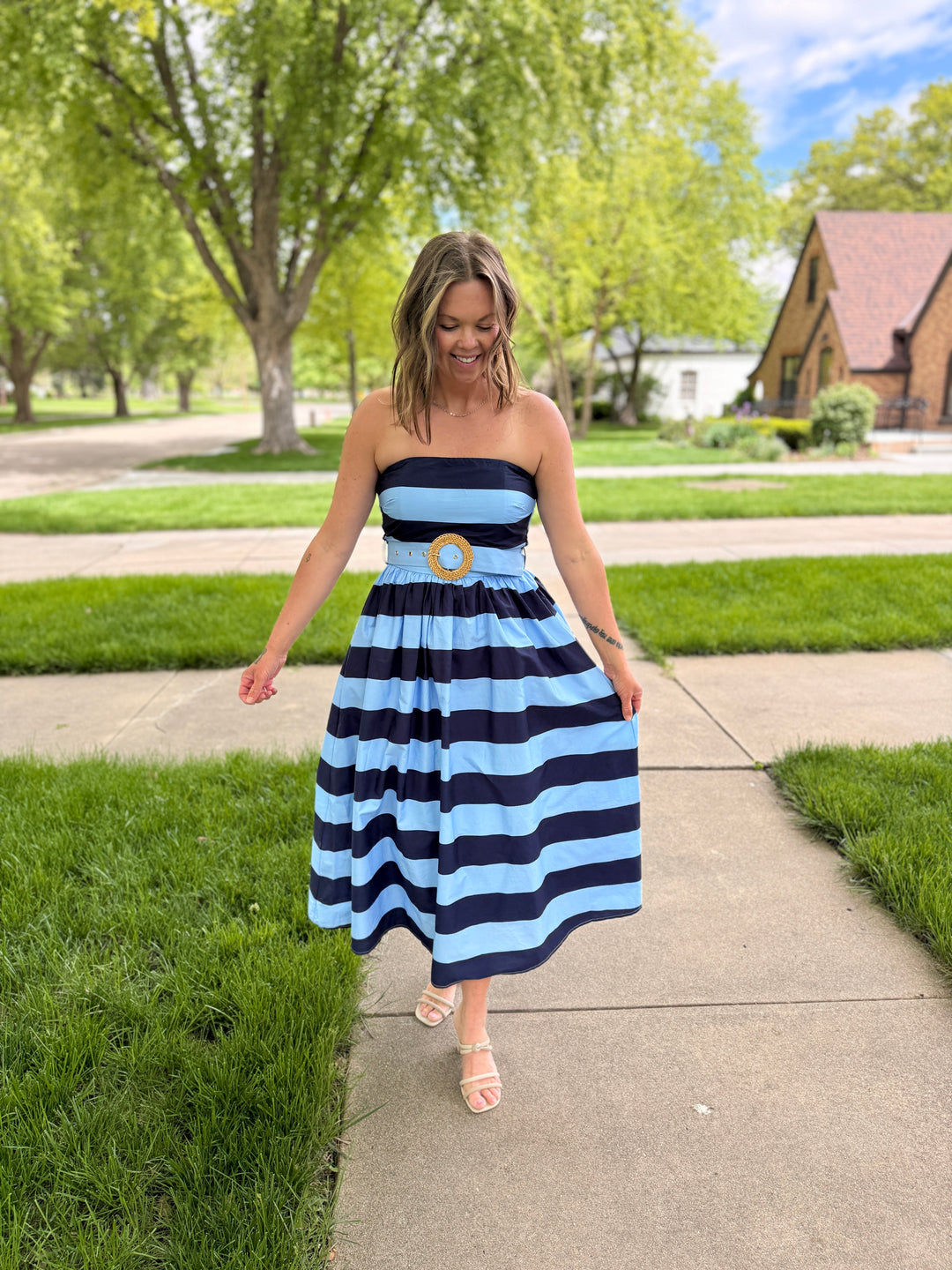 Striped Strapless Midi Dress