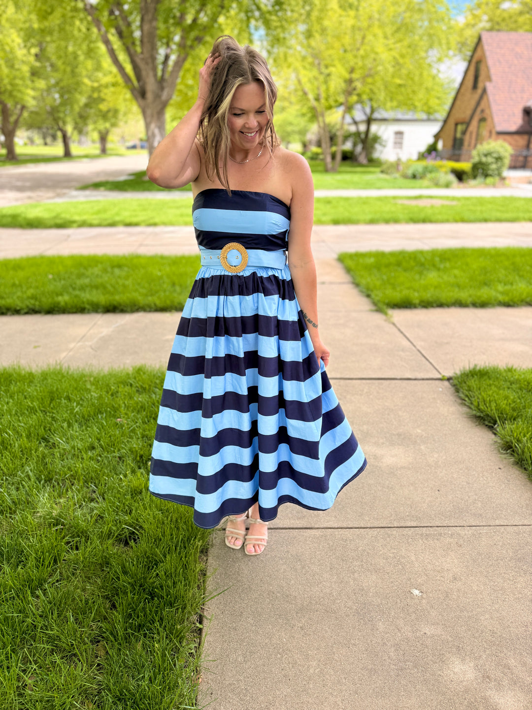 Striped Strapless Midi Dress