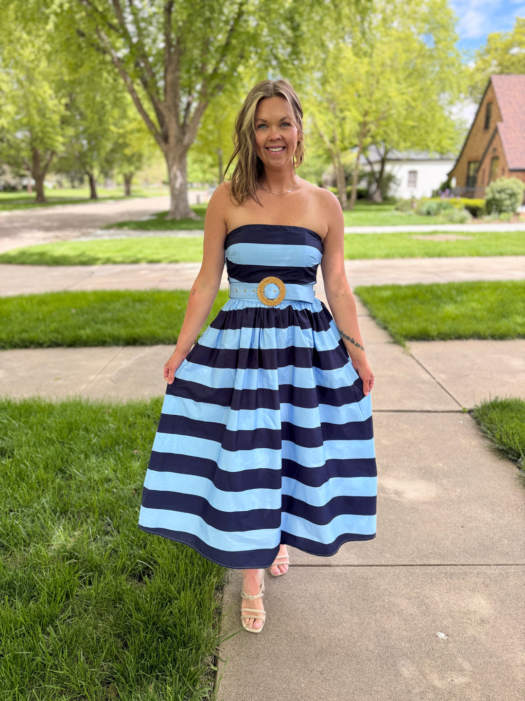 Striped Strapless Midi Dress