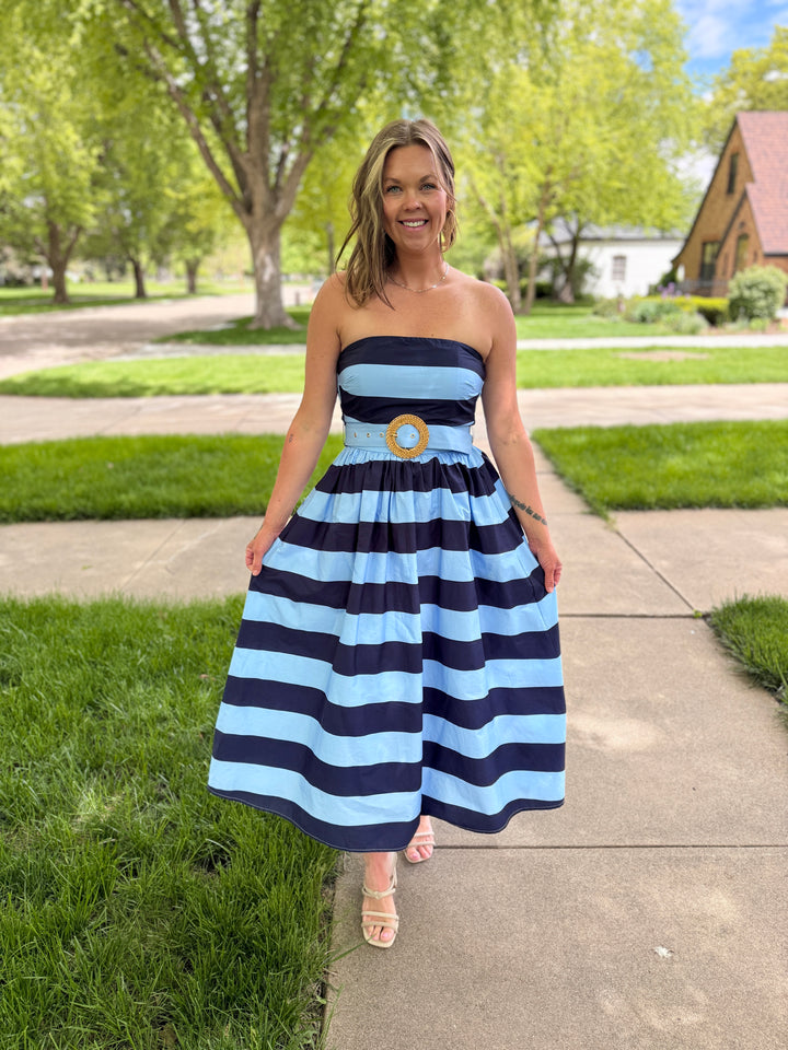 Striped Strapless Midi Dress