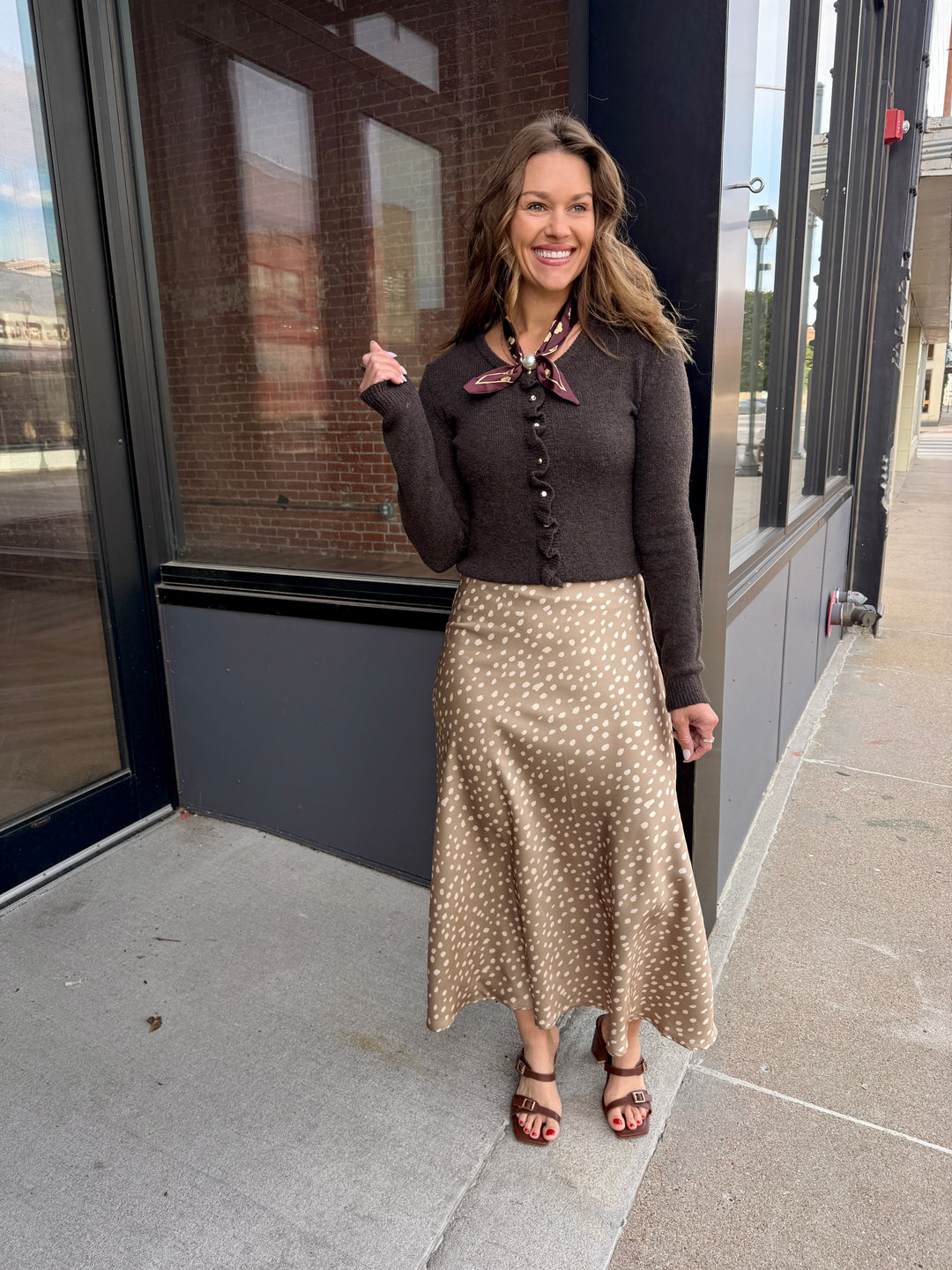 Ruffle-Placket Crewneck Cardigan - Chocolate
