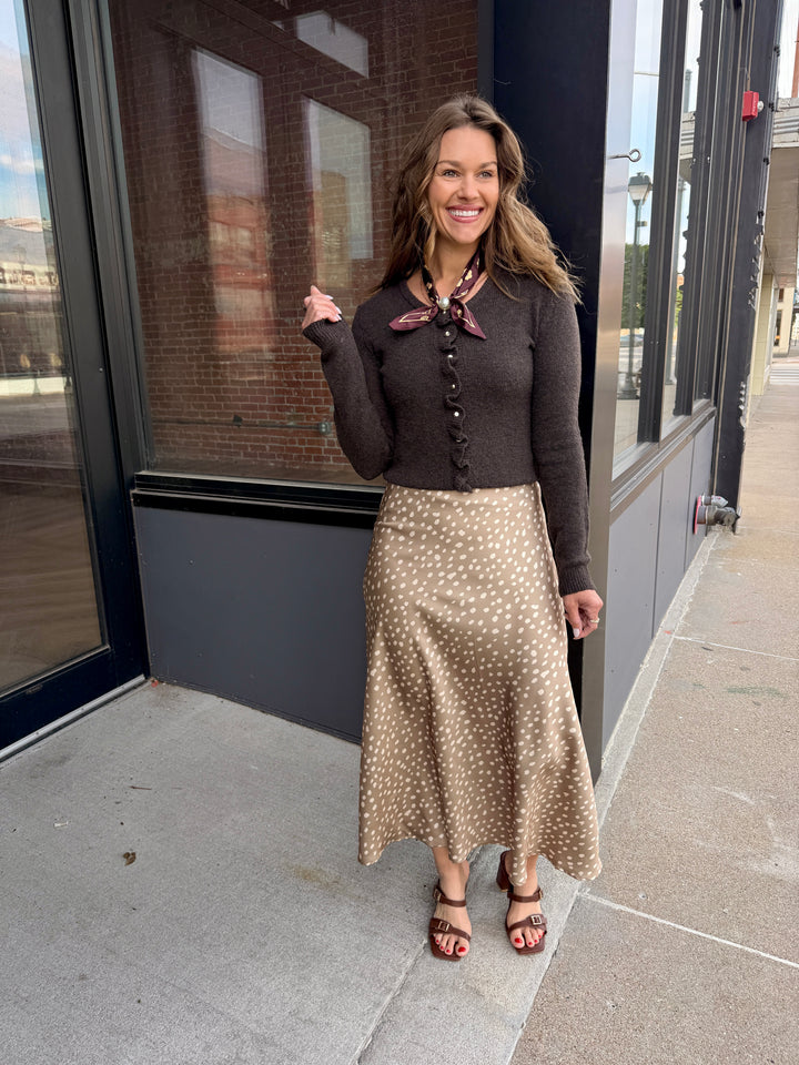 Ruffle-Placket Crewneck Cardigan - Chocolate