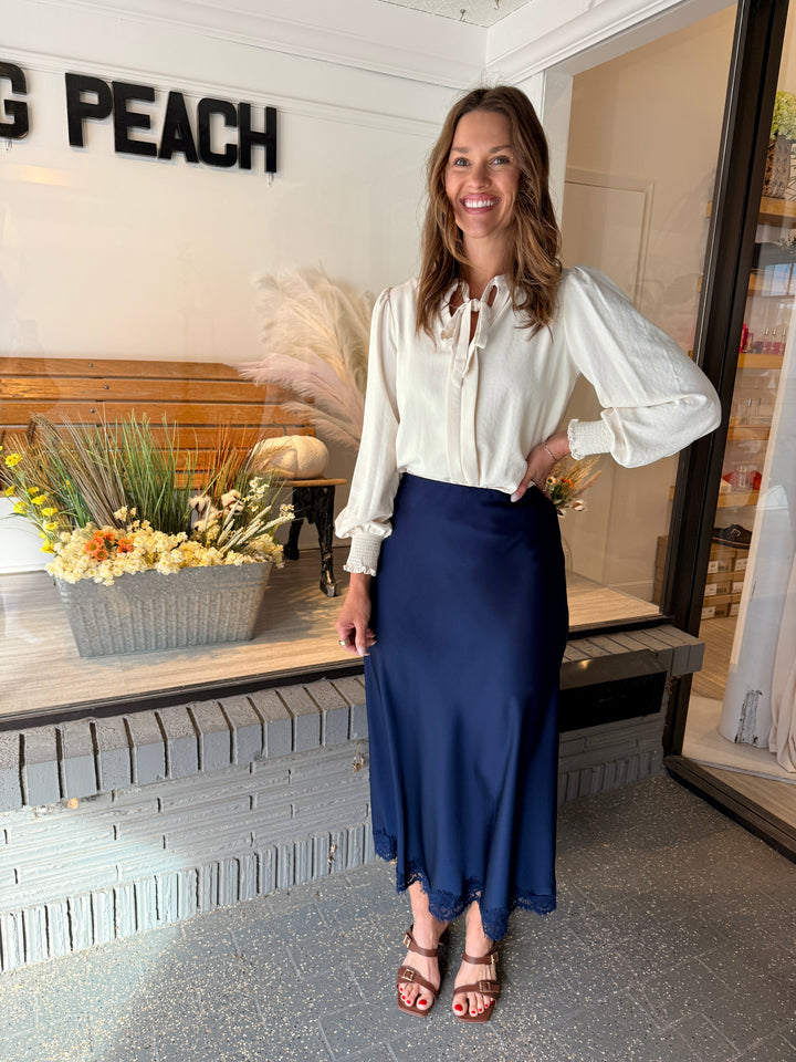Satin Lace-Trim Midi Skirt - Navy