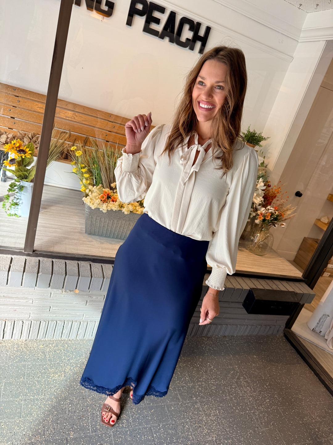 Satin Lace-Trim Midi Skirt - Navy