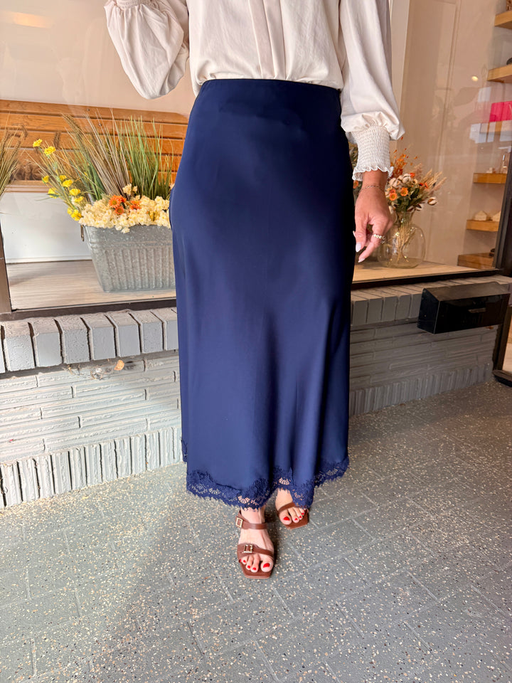Satin Lace-Trim Midi Skirt - Navy